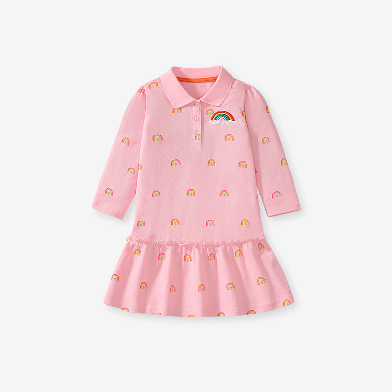 A pink long shirt for girls featuring a colorful rainbow pattern and a stylish turn-down collar, perfect for autumn wear.