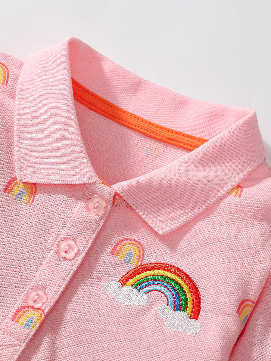 A pink long shirt for girls featuring a colorful rainbow pattern and a stylish turn-down collar, perfect for autumn wear.