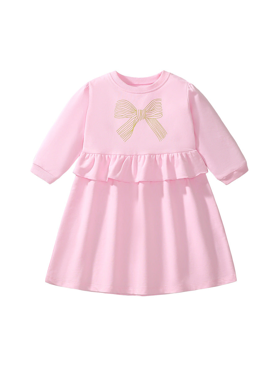 A pink crew neck long sleeve top for girls featuring a geometric bows pattern, made from soft cotton, perfect for autumn wear.