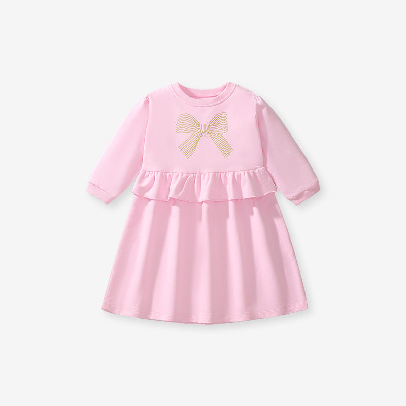 A pink crew neck long sleeve top for girls featuring a geometric bows pattern, made from soft cotton, perfect for autumn wear.