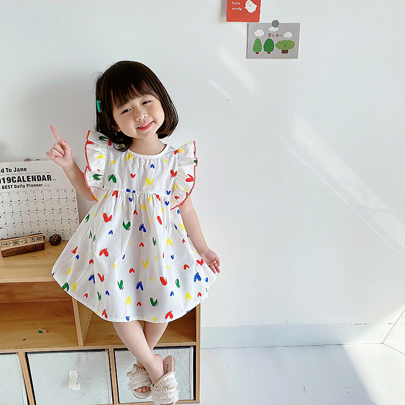 A stylish summer dress for baby girls featuring colorful heart patterns and fly sleeves, made from soft cotton material.