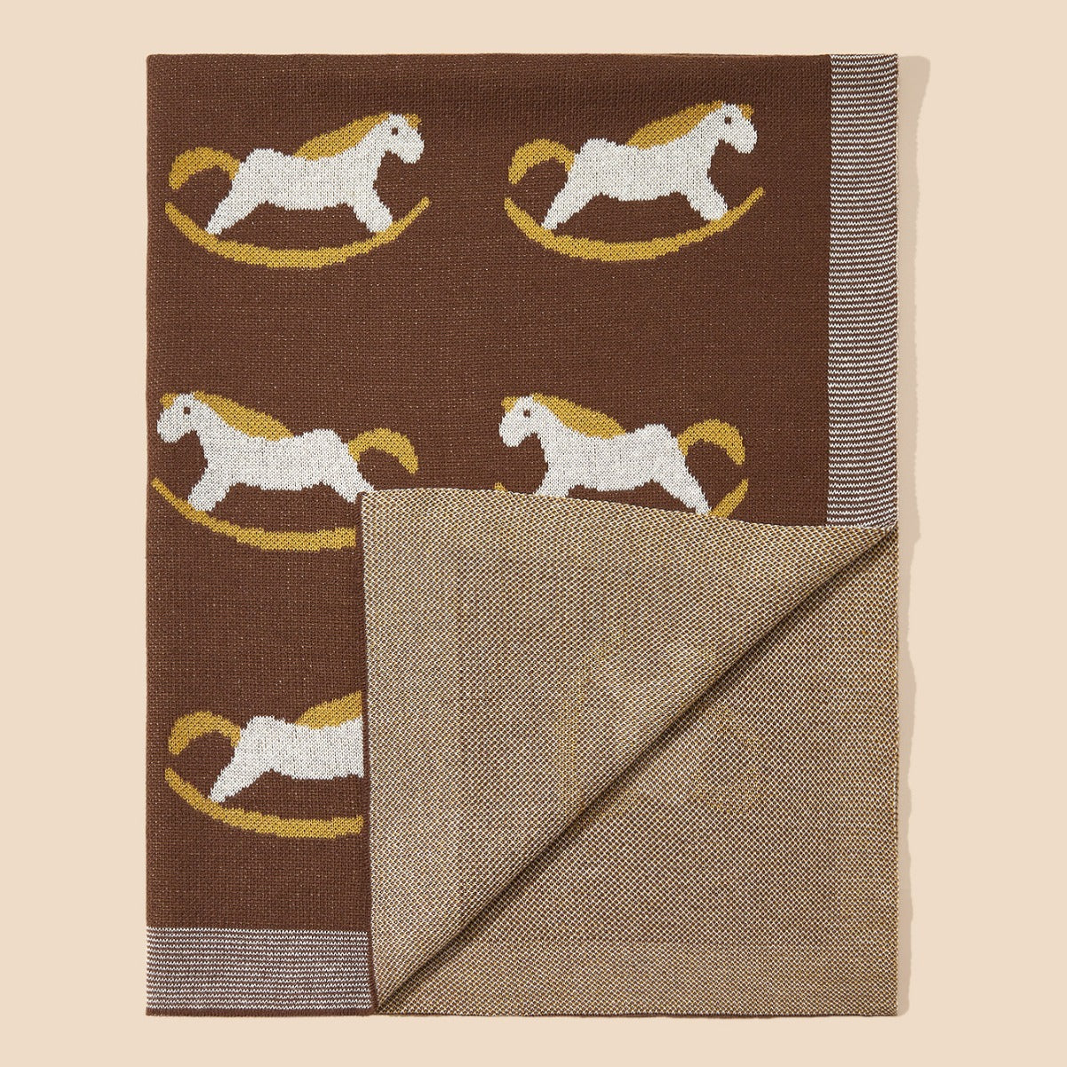 A cozy knitted baby blanket featuring a charming horse pattern in blue and coffee colors, perfect for children of all ages.