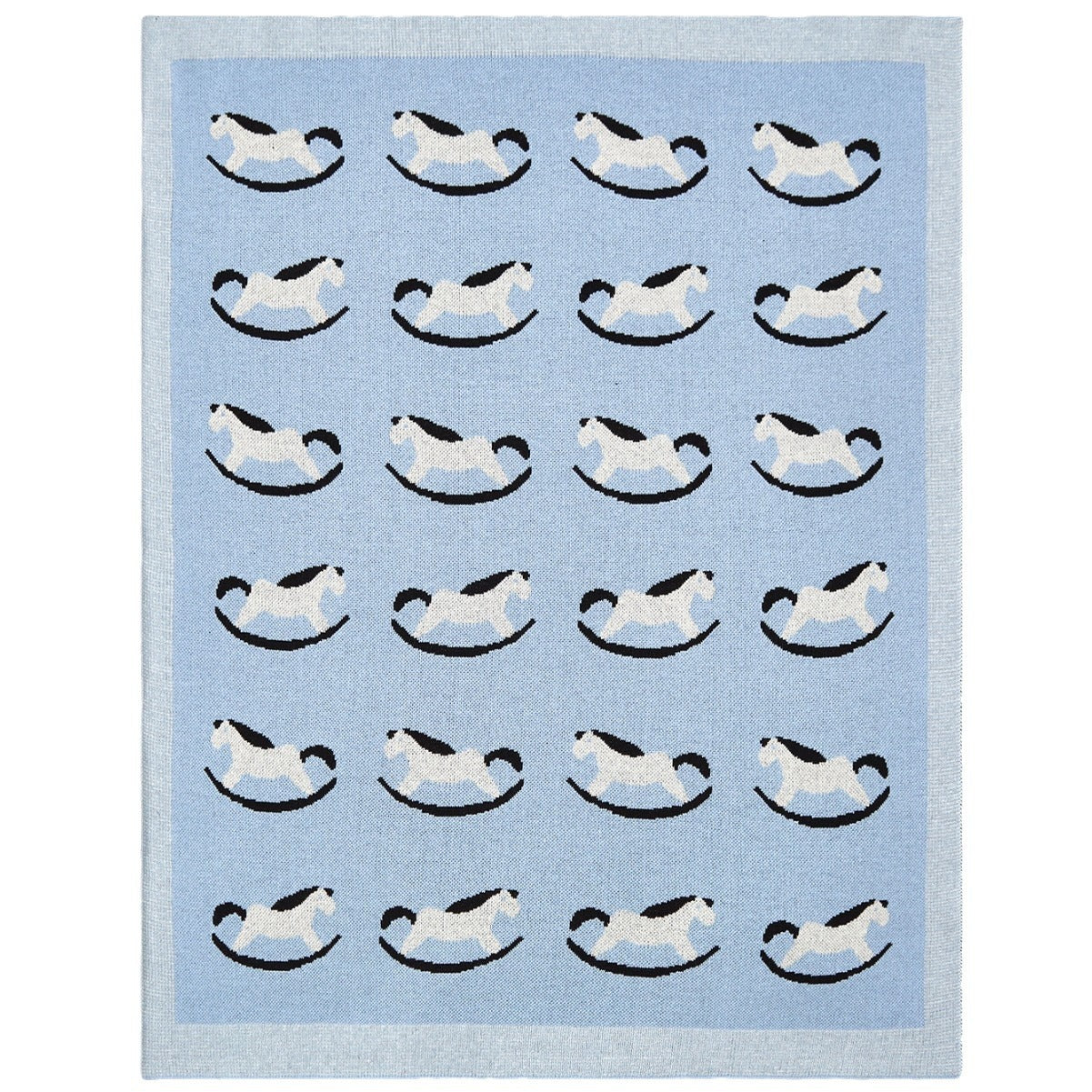 A cozy knitted baby blanket featuring a charming horse pattern in blue and coffee colors, perfect for children of all ages.