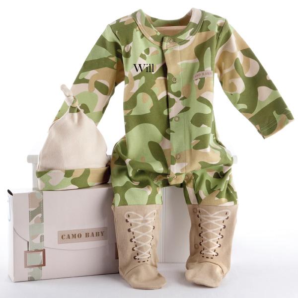 Big Dreamzzz Baby Camo 2-Piece Layette Set featuring a camo sleeper and cap with boot-inspired feet.