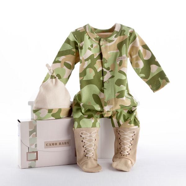 Big Dreamzzz Baby Camo 2-Piece Layette Set featuring a camo sleeper and cap with boot-inspired feet.