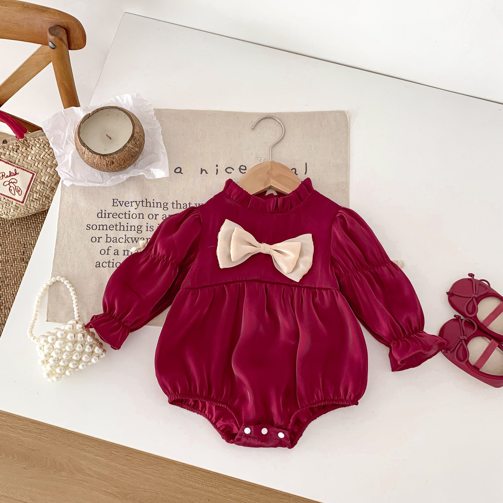 A stylish Birthday Red Mesh Patched Onesies Dress for baby girls, featuring a vibrant red color and soft cotton material with a mesh patch design.