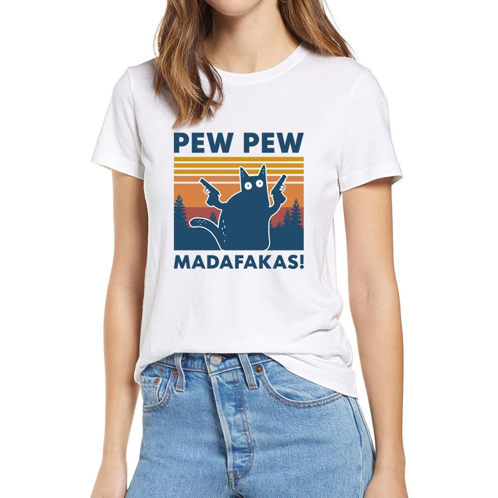 Black Cat Pew Pew Madafakas Funny Cat Gangster T-Shirt featuring a cartoon black cat with a gun, perfect for casual summer wear.