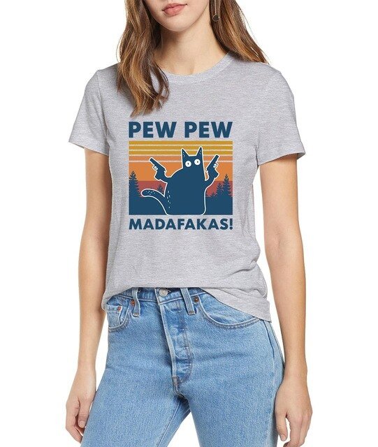 Black Cat Pew Pew Madafakas Funny Cat Gangster T-Shirt featuring a cartoon black cat with a gun, perfect for casual summer wear.