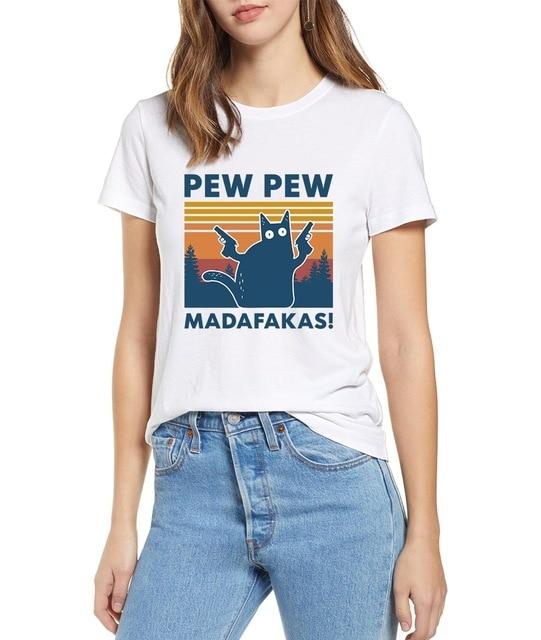 Black Cat Pew Pew Madafakas Funny Cat Gangster T-Shirt featuring a cartoon black cat with a gun, perfect for casual summer wear.