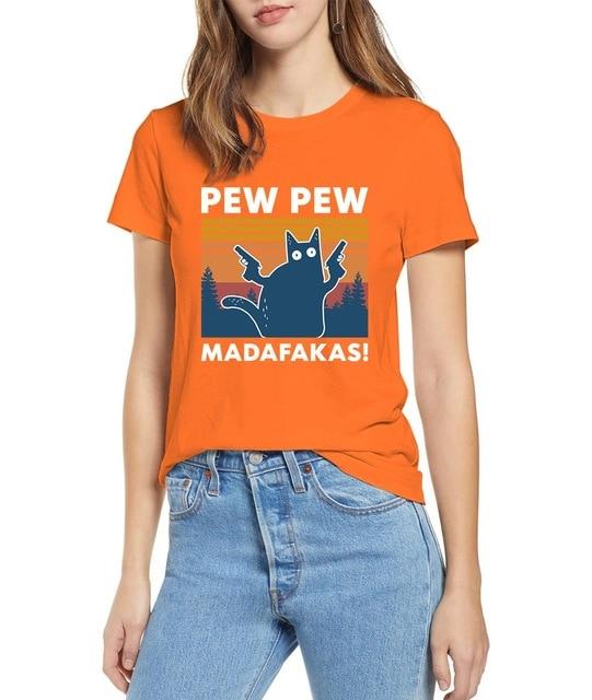 Black Cat Pew Pew Madafakas Funny Cat Gangster T-Shirt featuring a cartoon black cat with a gun, perfect for casual summer wear.