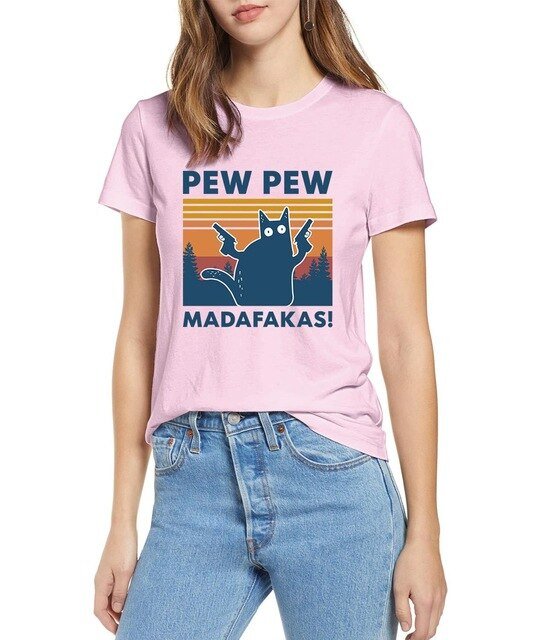 Black Cat Pew Pew Madafakas Funny Cat Gangster T-Shirt featuring a cartoon black cat with a gun, perfect for casual summer wear.