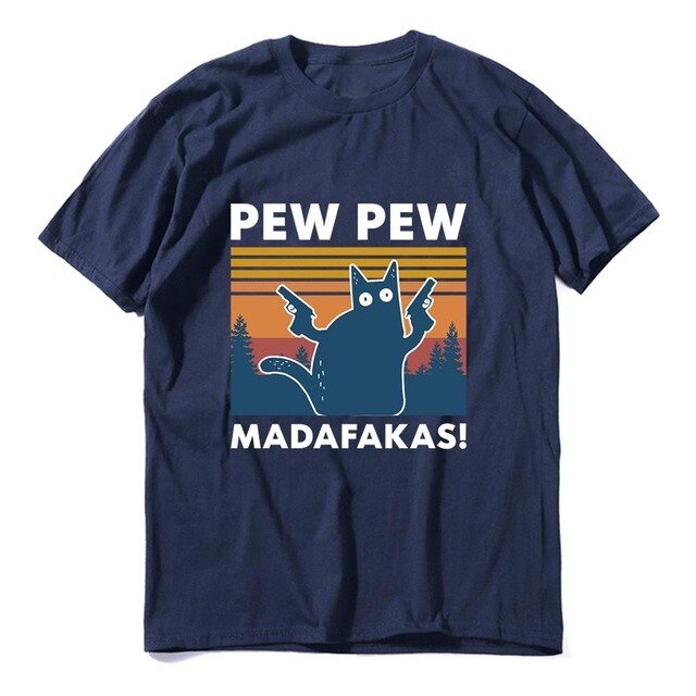 Black Cat Pew Pew Madafakas Funny Cat Gangster T-Shirt featuring a cartoon black cat with a gun, perfect for casual summer wear.