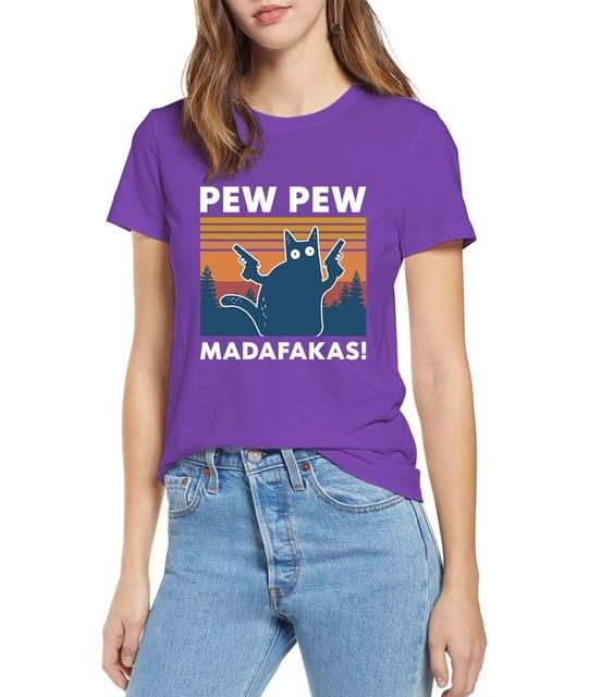 Black Cat Pew Pew Madafakas Funny Cat Gangster T-Shirt featuring a cartoon black cat with a gun, perfect for casual summer wear.