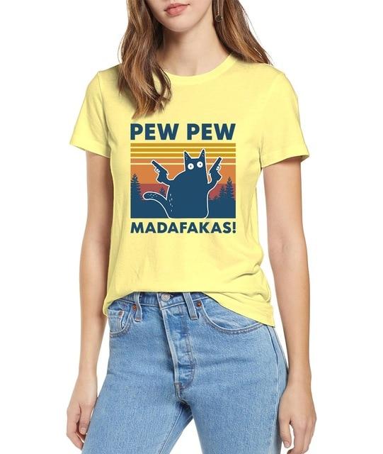 Black Cat Pew Pew Madafakas Funny Cat Gangster T-Shirt featuring a cartoon black cat with a gun, perfect for casual summer wear.