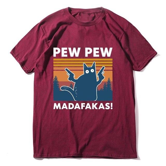 Black Cat Pew Pew Madafakas Funny Cat Gangster T-Shirt featuring a cartoon black cat with a gun, perfect for casual summer wear.