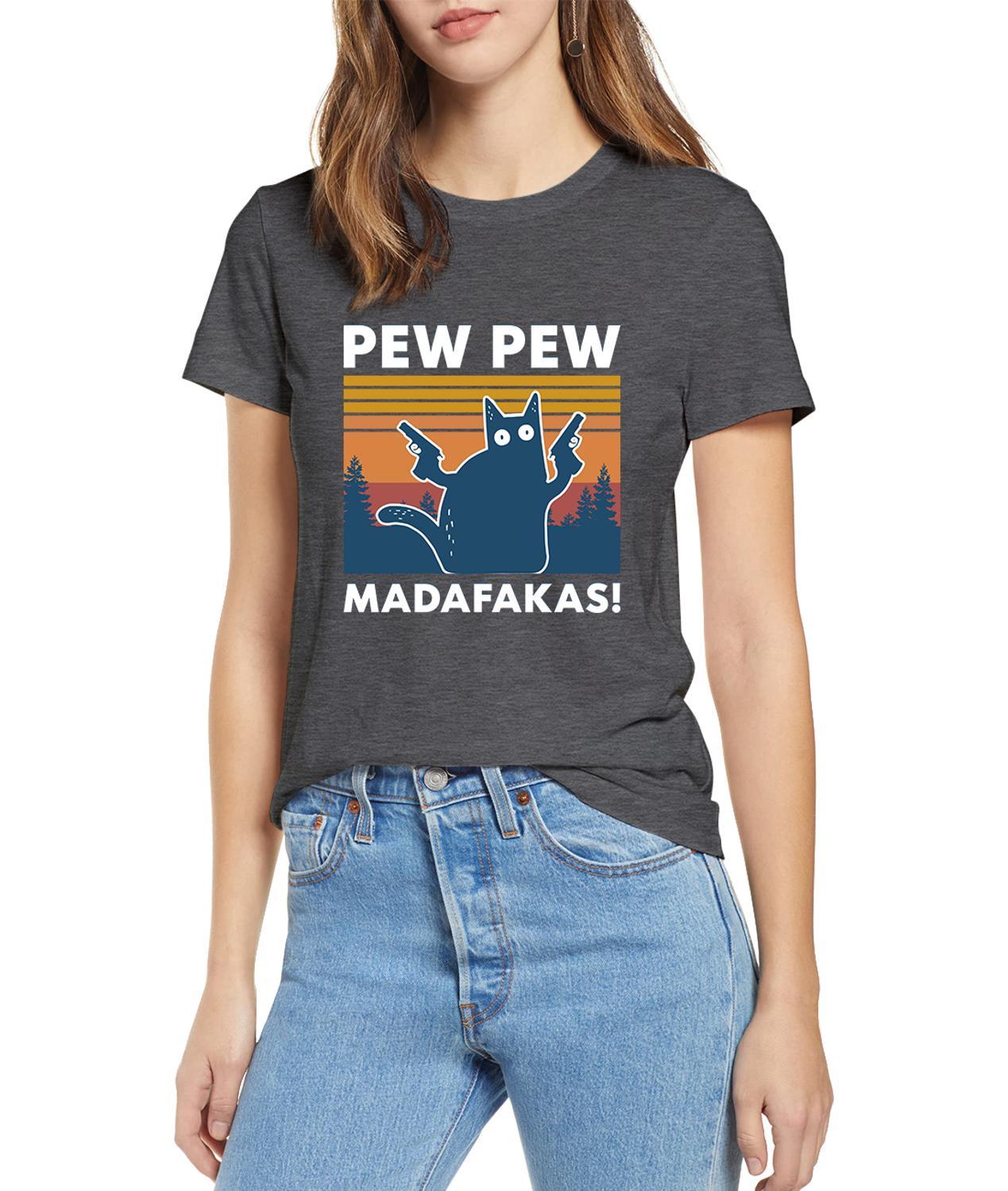 Black Cat Pew Pew Madafakas Funny Cat Gangster T-Shirt featuring a cartoon black cat with a gun, perfect for casual summer wear.