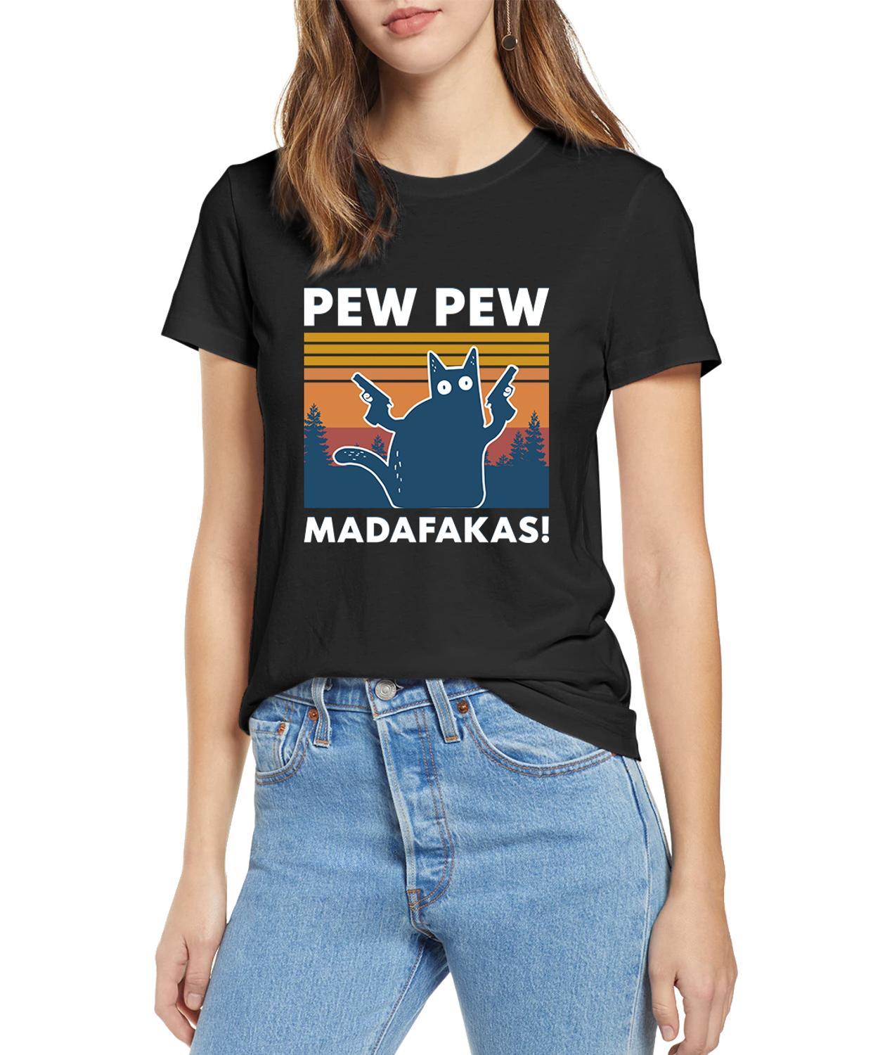 Black Cat Pew Pew Madafakas Funny Cat Gangster T-Shirt featuring a cartoon black cat with a gun, perfect for casual summer wear.