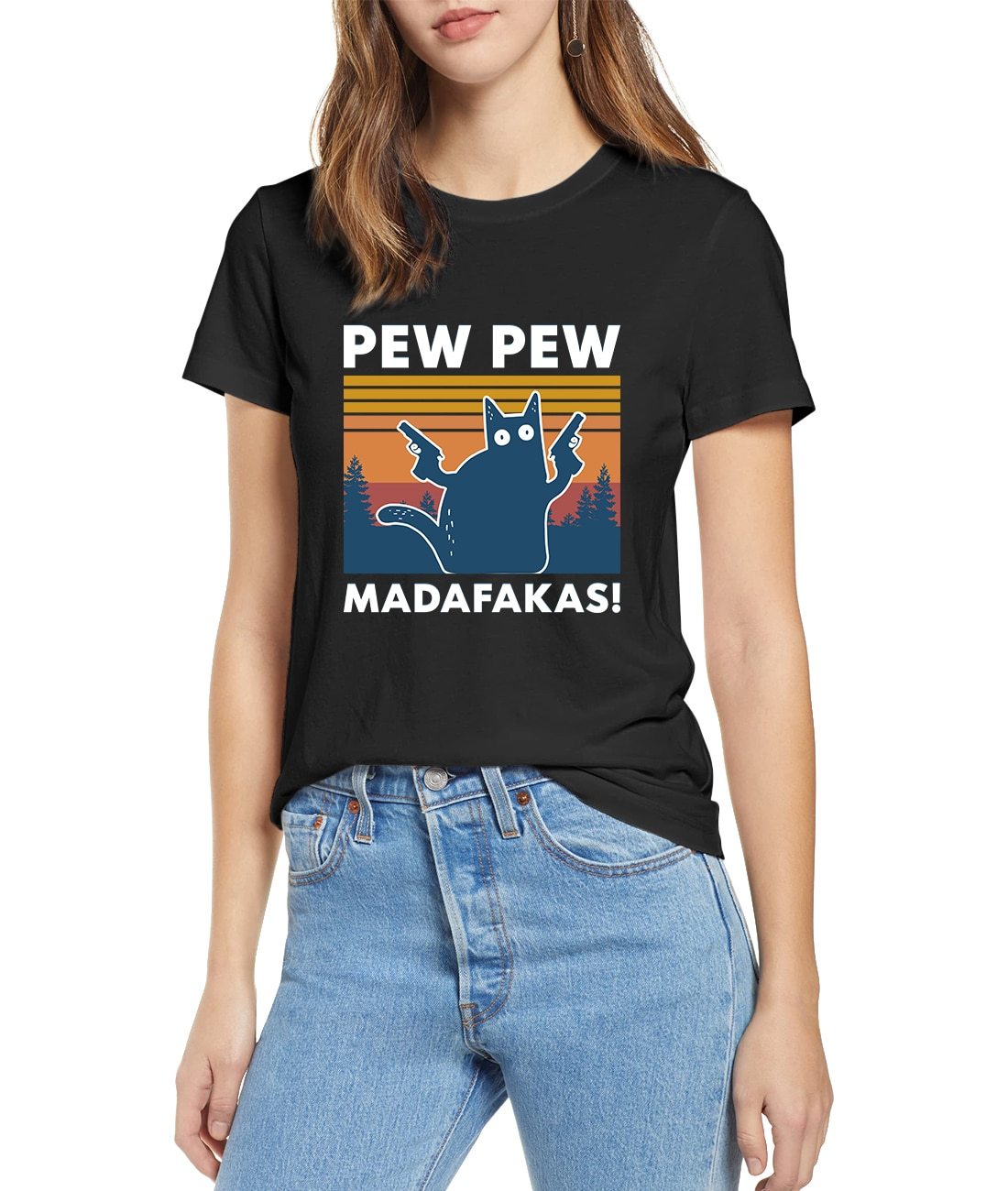 Black Cat Pew Pew Madafakas Funny Cat Gangster T-Shirt featuring a cartoon black cat with a gun, perfect for casual summer wear.