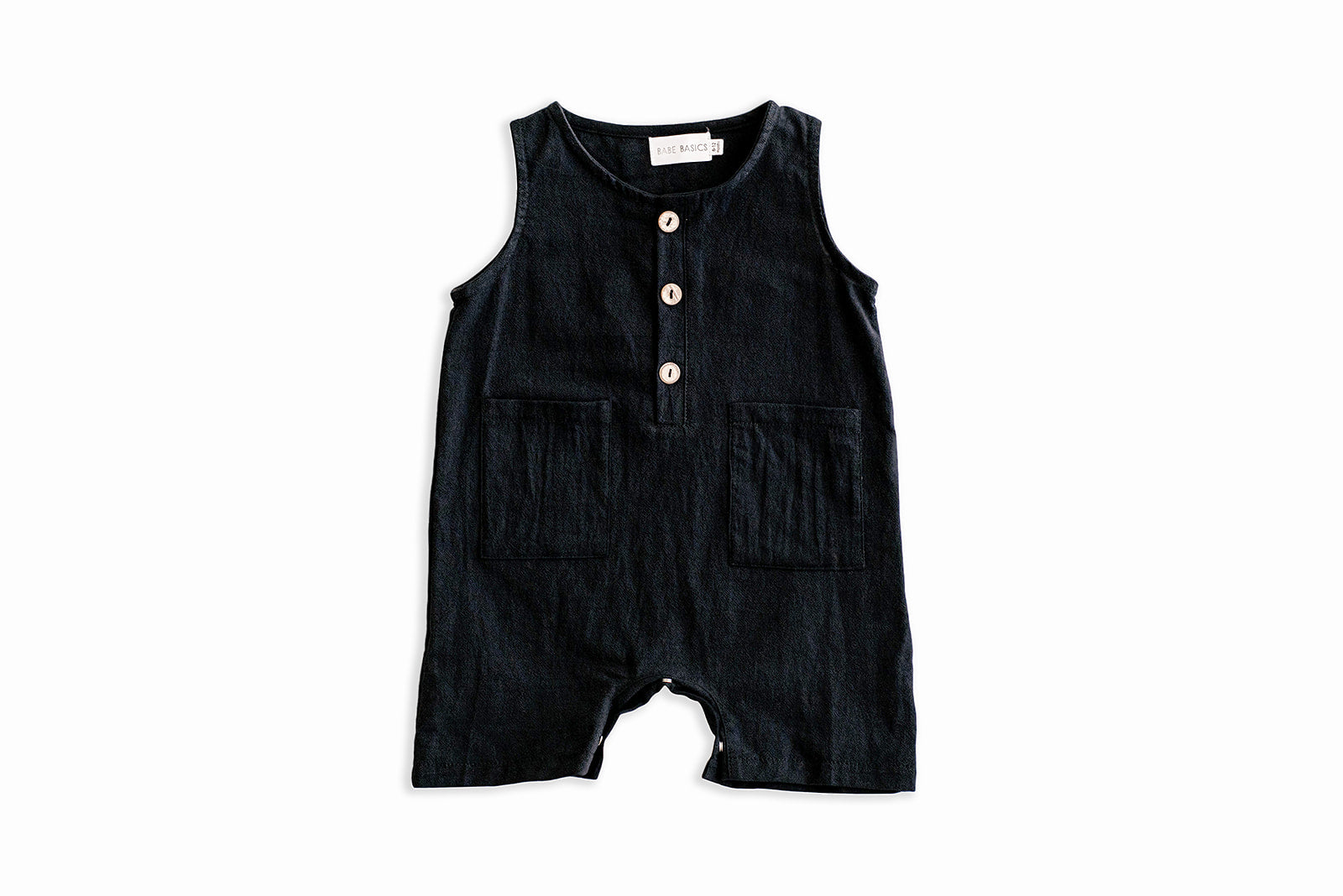 Black cropped linen baby romper with diaper snaps, stylish and breathable for summer wear.