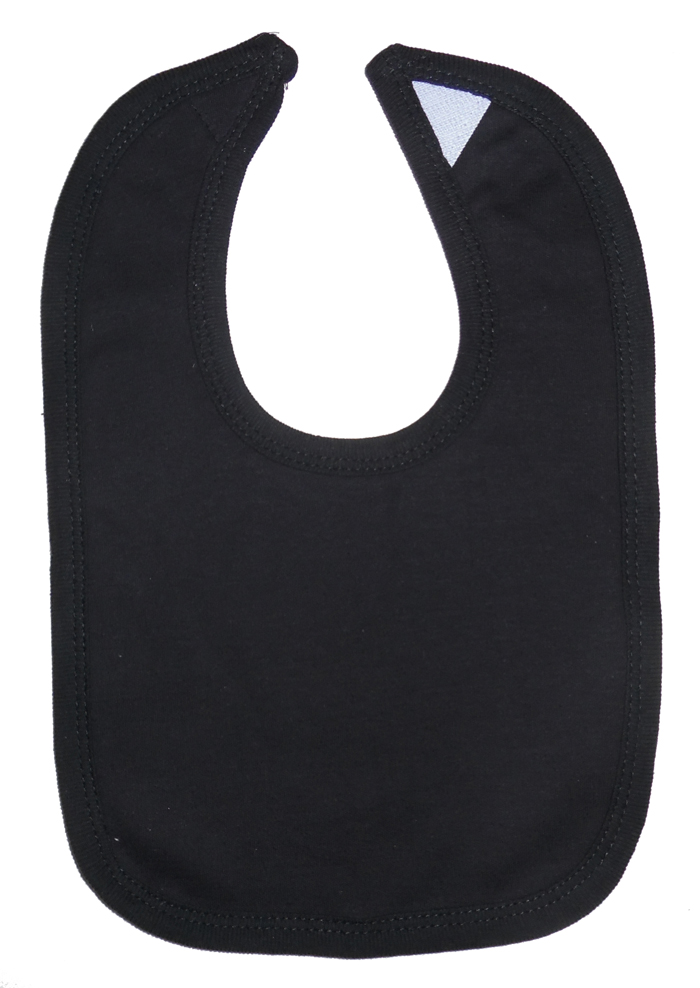 A pack of five black interlock infant drool bibs with hook and loop fasteners, designed for durability and style.