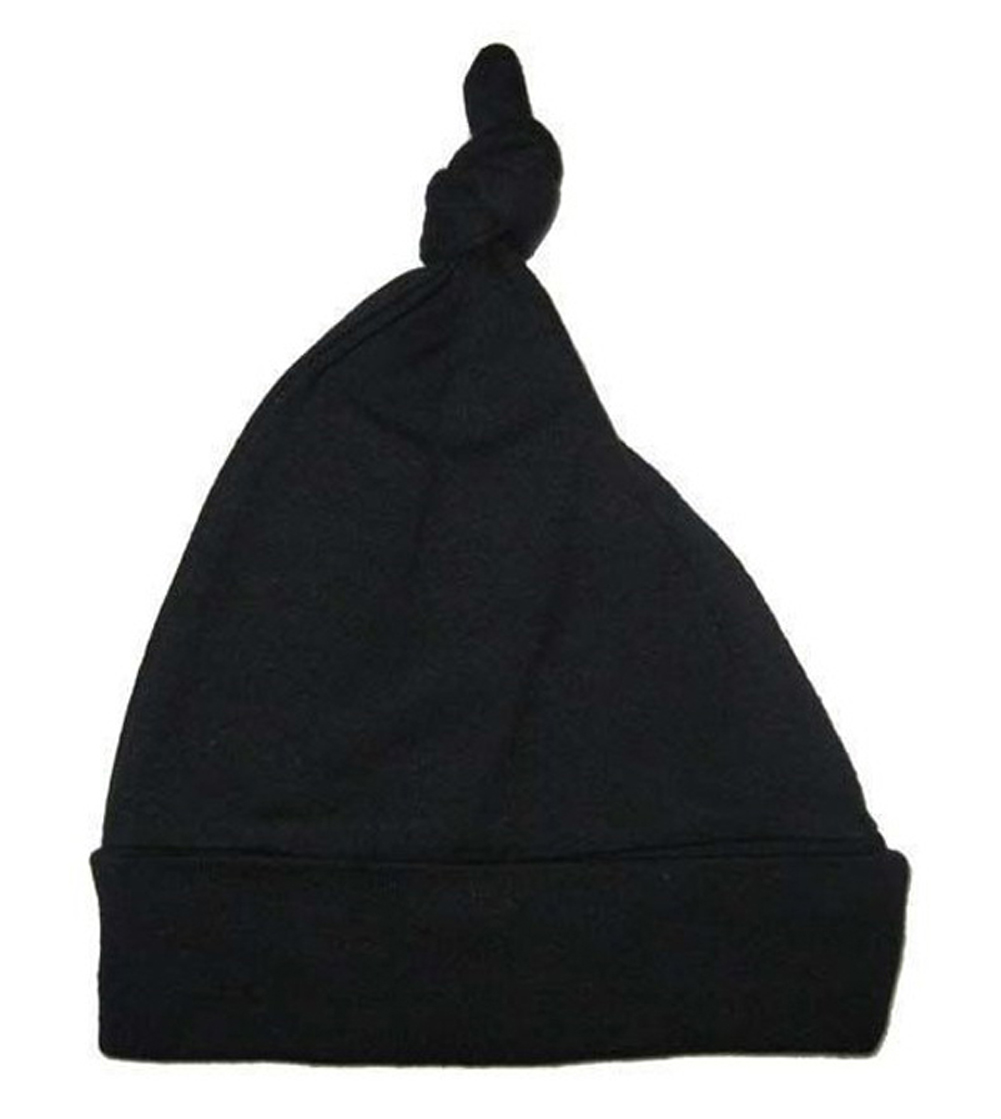 Black knotted baby cap made of soft cotton, perfect for keeping infants warm during colder months.