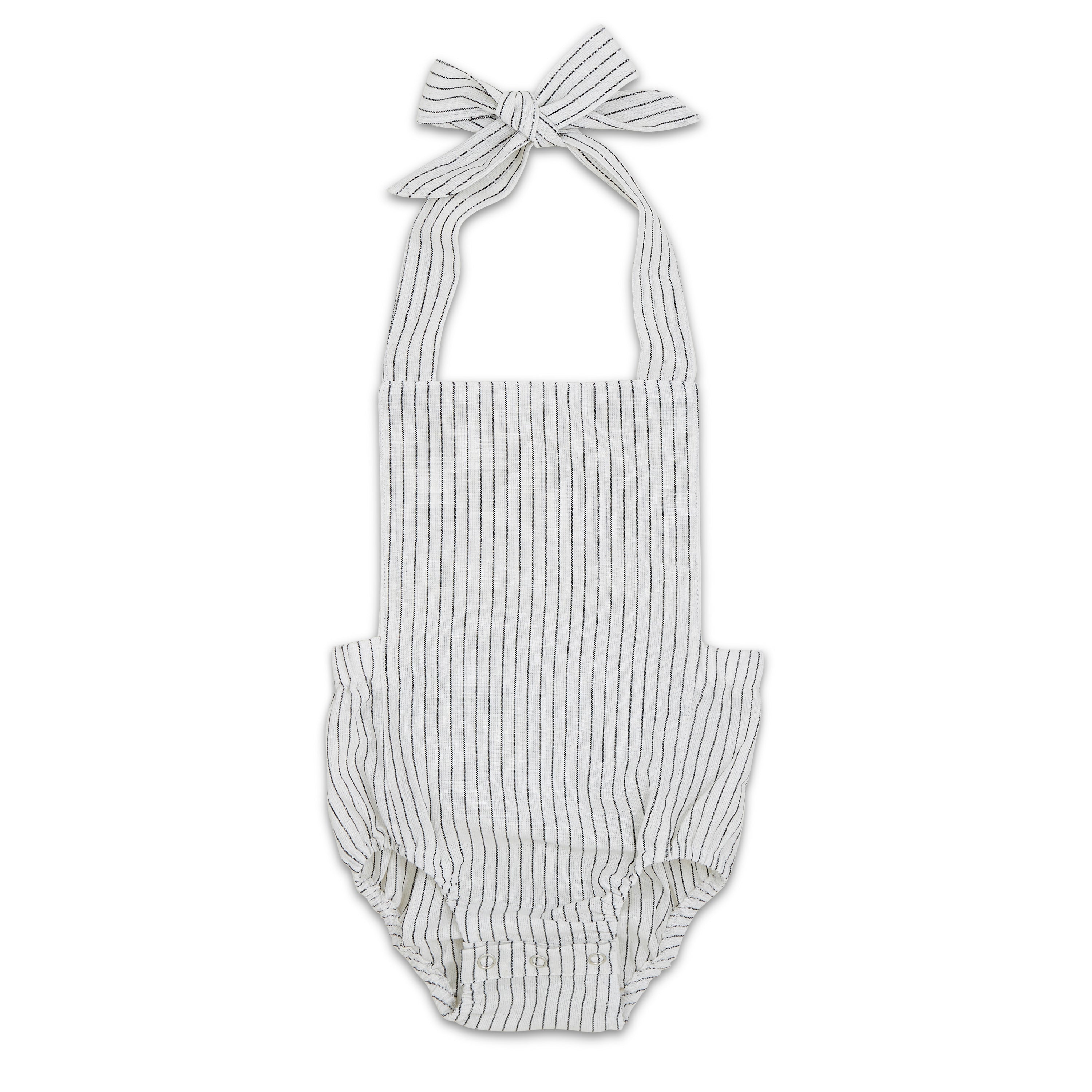 Black & White Striped Halter Romper for babies, featuring a stylish design with easy diaper snaps and made from soft linen fabric.