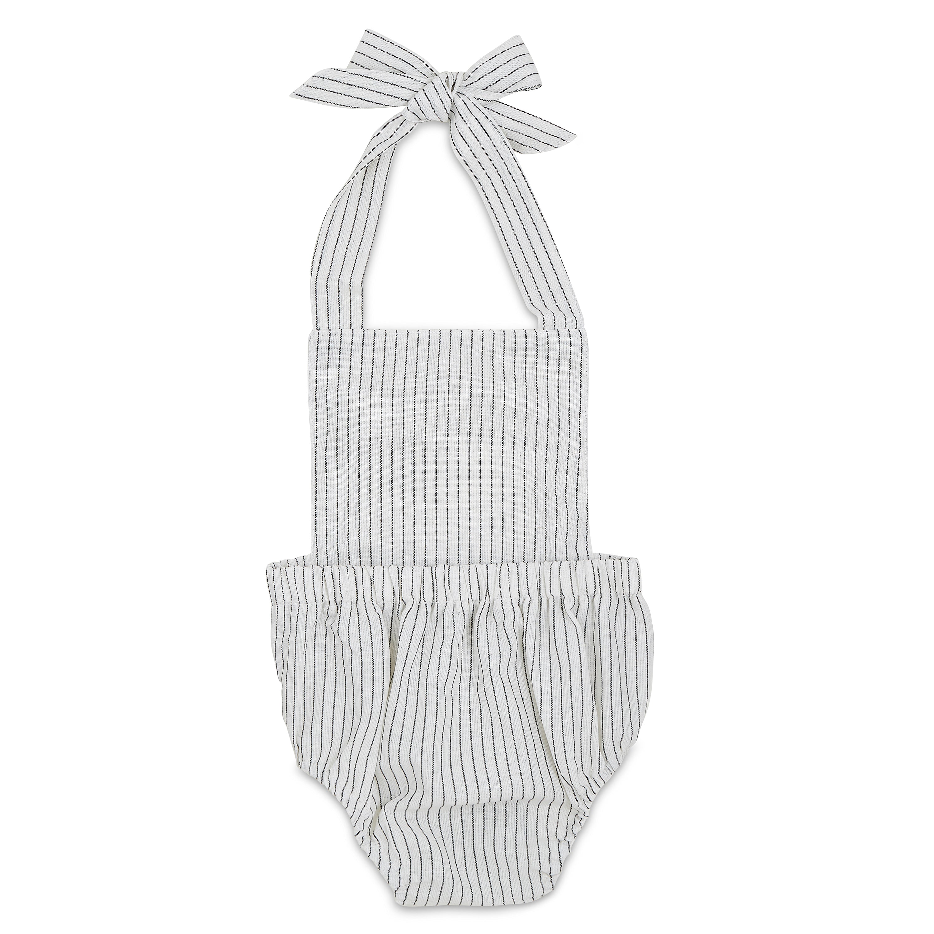 Black & White Striped Halter Romper for babies, featuring a stylish design with easy diaper snaps and made from soft linen fabric.