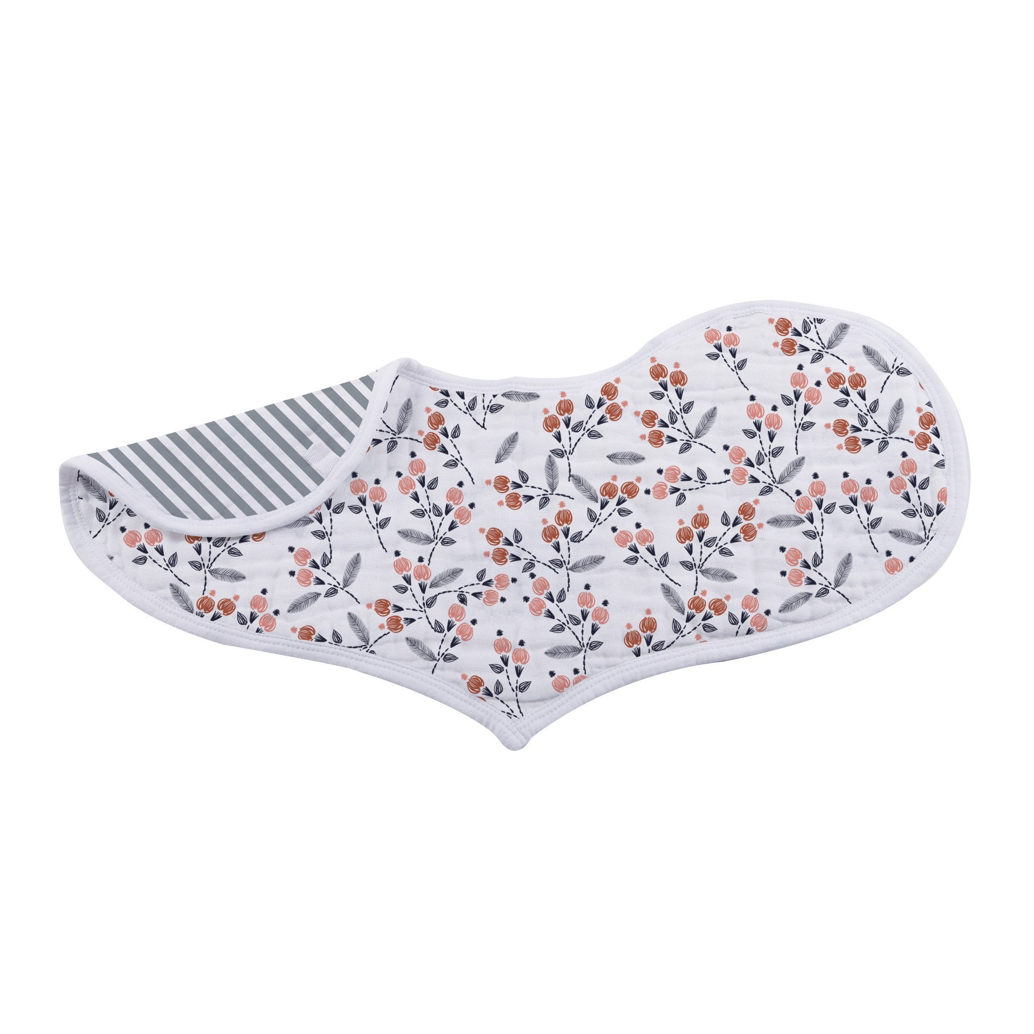 Two Blooms Floral Bamboo Heart Bibs featuring a floral heart design, made from soft and absorbent bamboo muslin, ideal for feeding and teething.