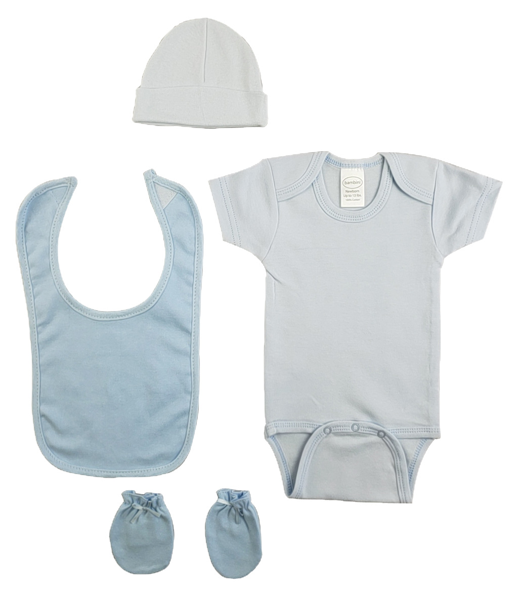 Blue 4 Piece Baby Clothes Set including bib, onesie, cap, and mittens made from soft cotton.