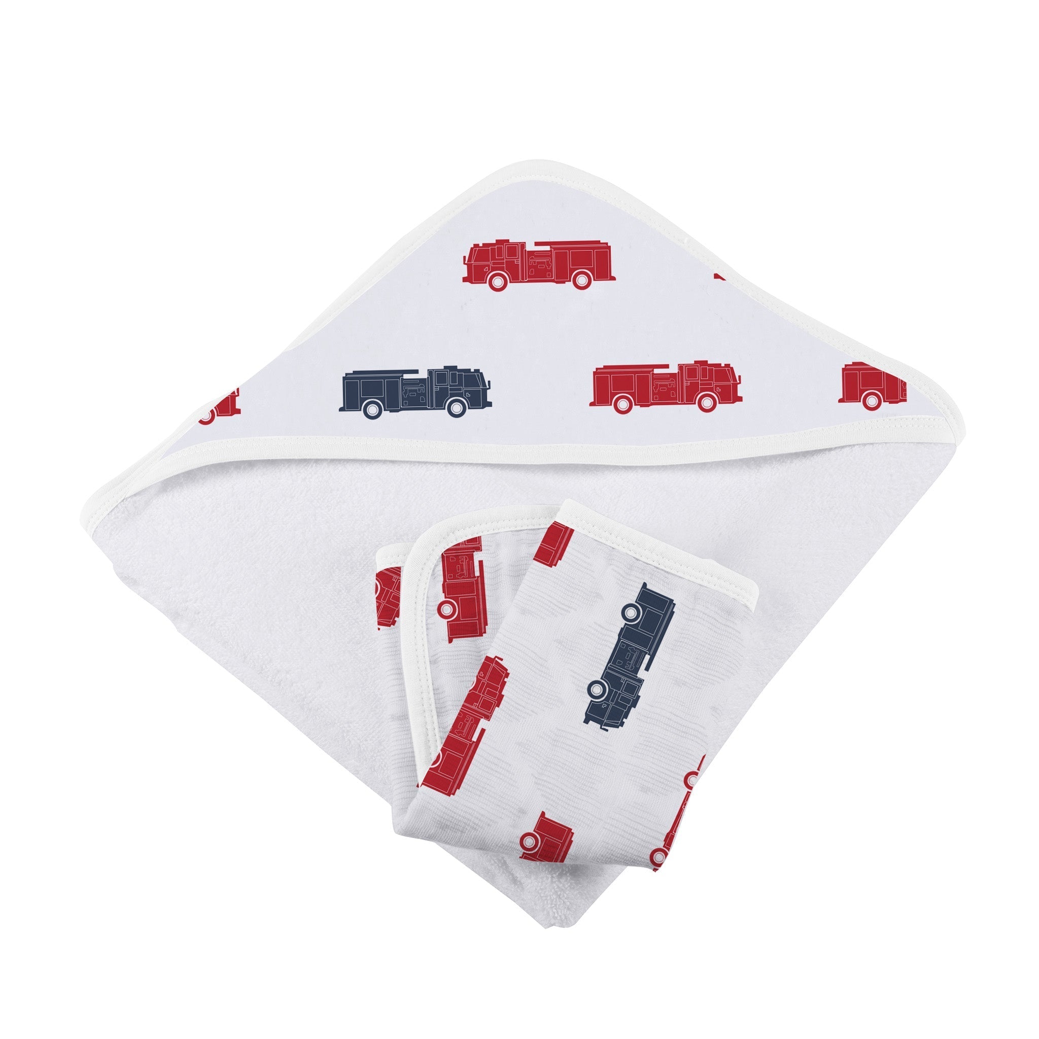 A vibrant blue and red hooded towel featuring fire truck designs, accompanied by a matching washcloth, perfect for kids.