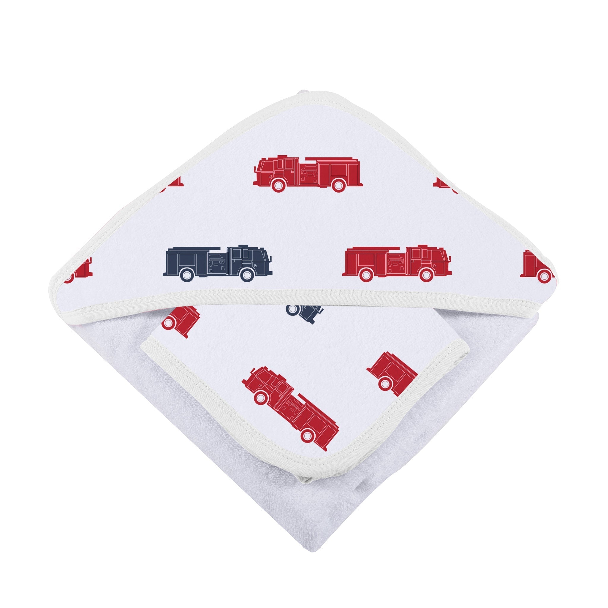 A vibrant blue and red hooded towel featuring fire truck designs, accompanied by a matching washcloth, perfect for kids.