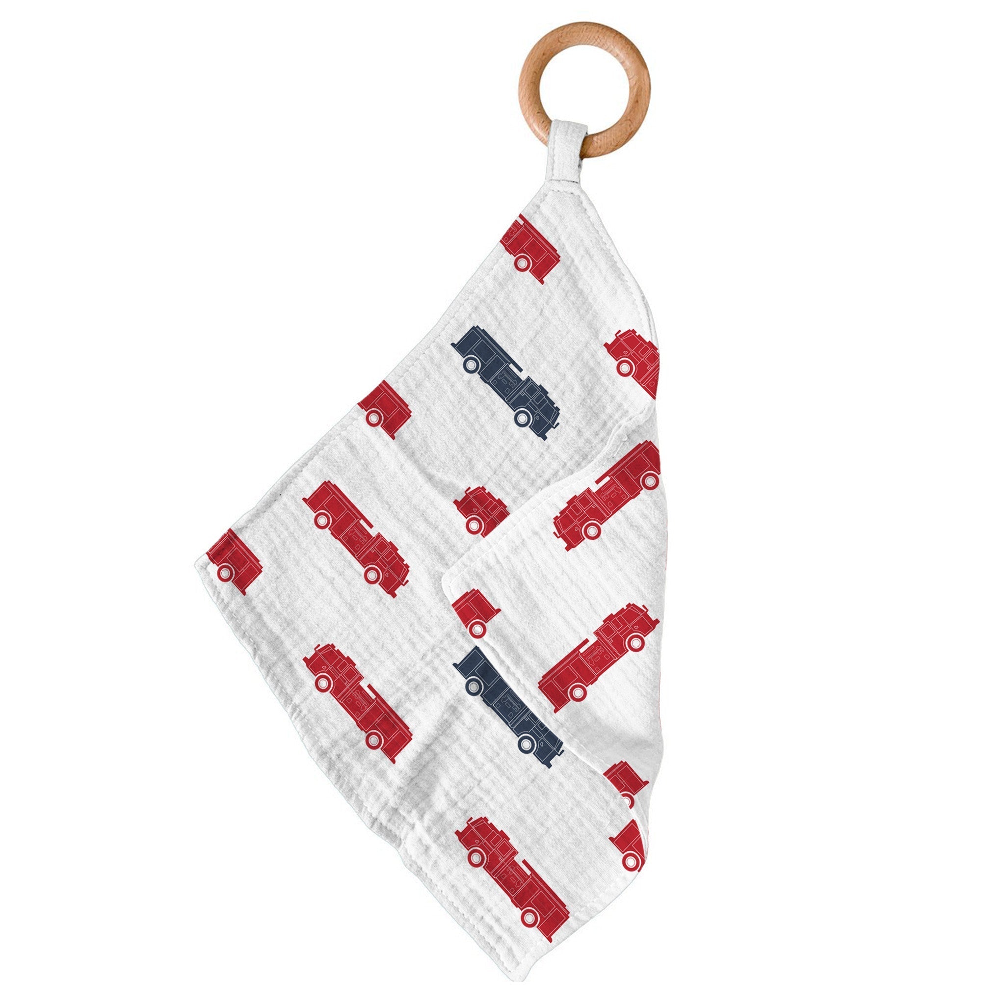 Blue and Red Fire Trucks Newcastle Teether featuring a soft cotton blankie and a removable beach wood ring for teething relief.