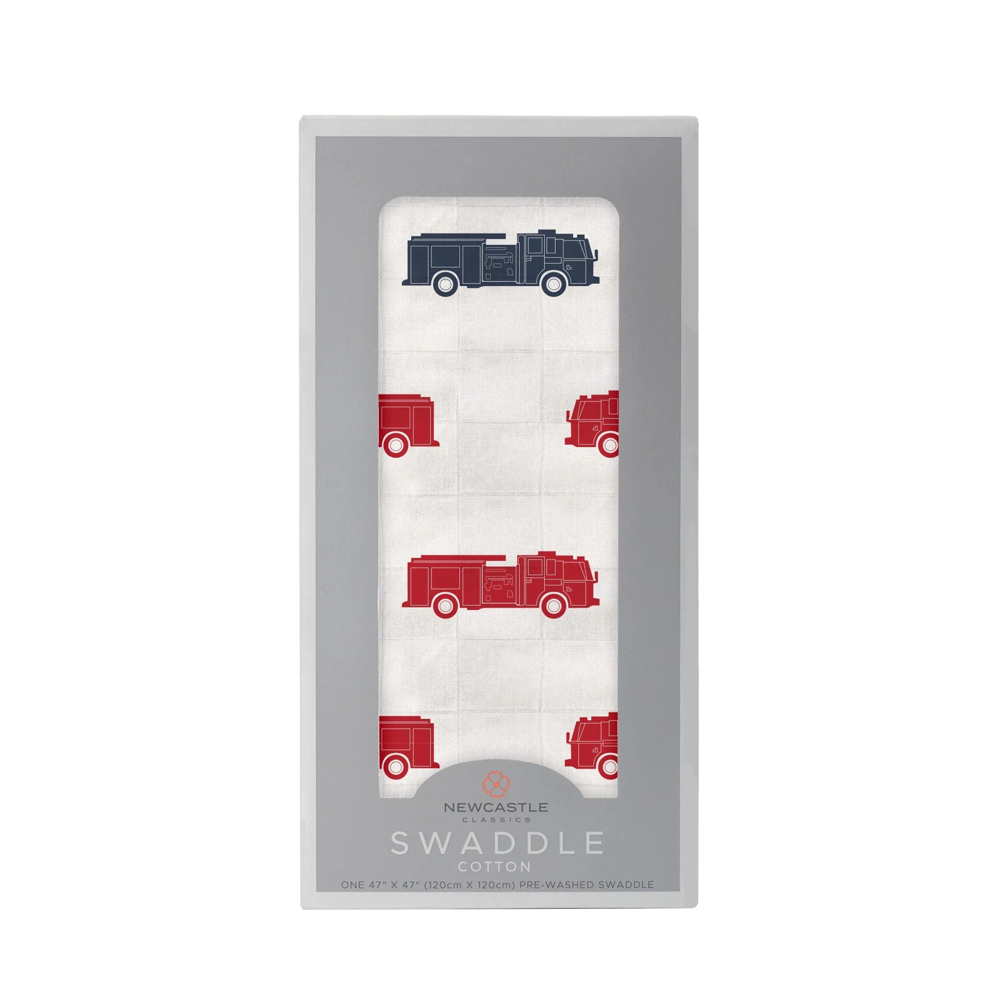 A soft and breathable Blue and Red Fire Trucks Swaddle made from 100% natural cotton muslin, featuring a vibrant fire truck design.