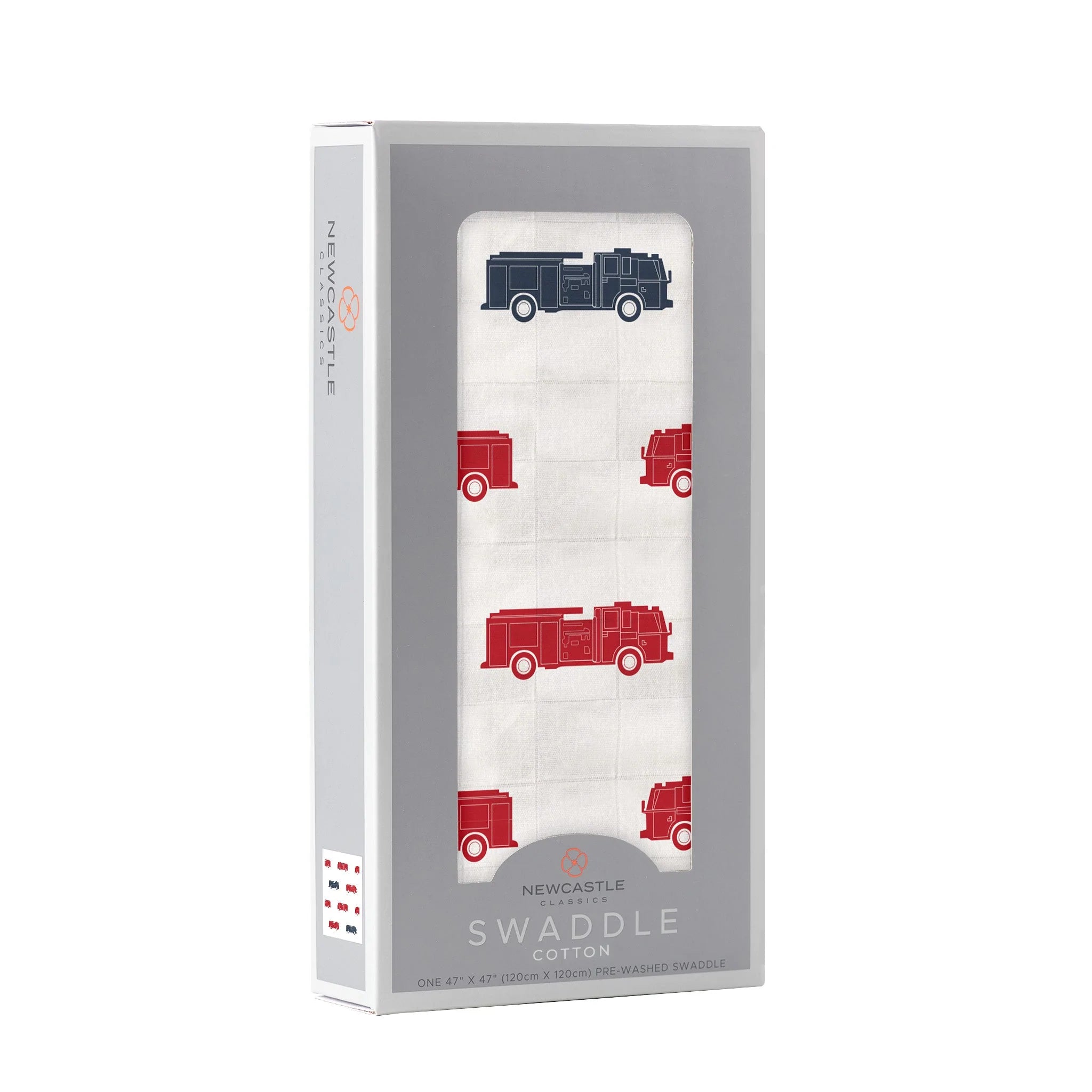 A soft and breathable Blue and Red Fire Trucks Swaddle made from 100% natural cotton muslin, featuring a vibrant fire truck design.