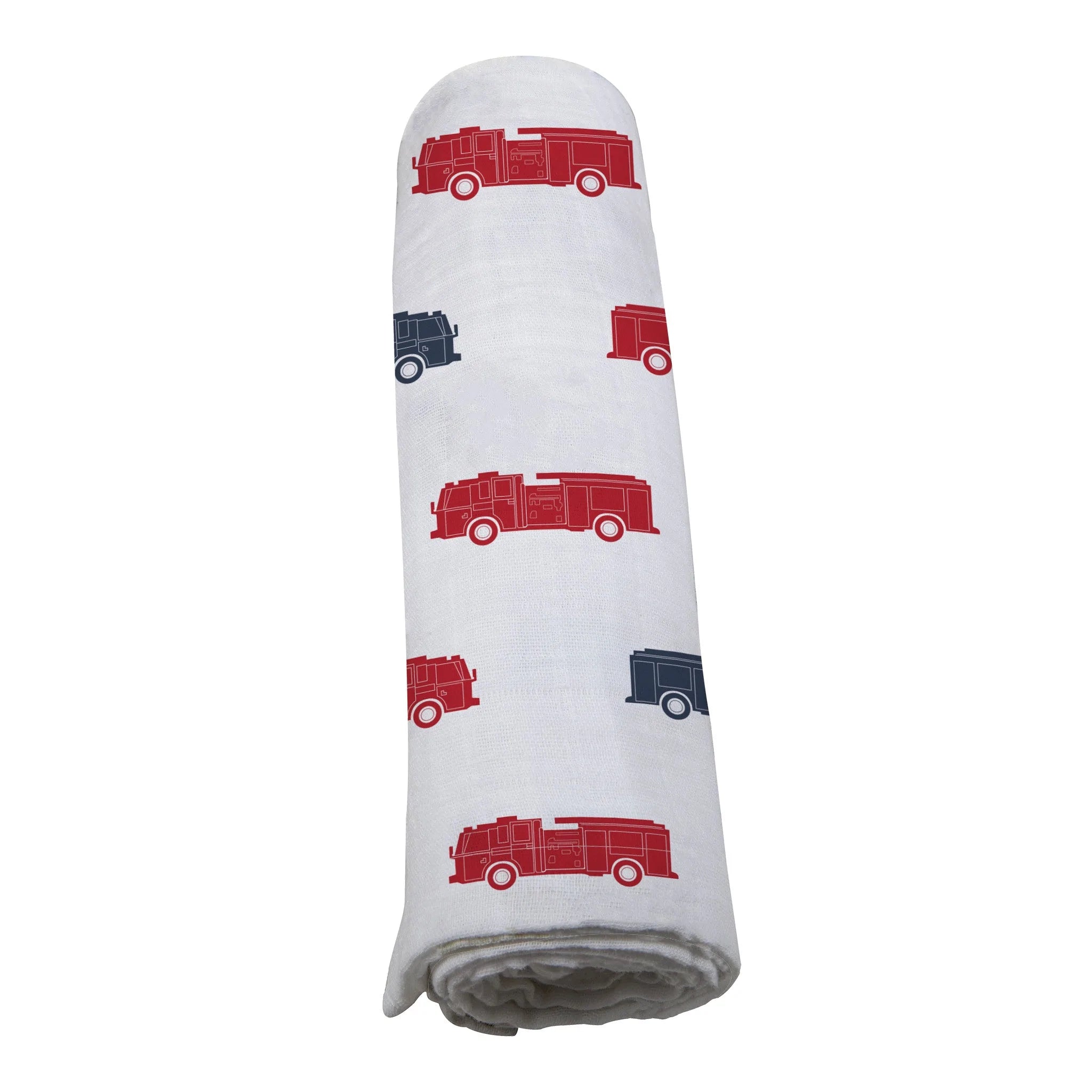 A soft and breathable Blue and Red Fire Trucks Swaddle made from 100% natural cotton muslin, featuring a vibrant fire truck design.