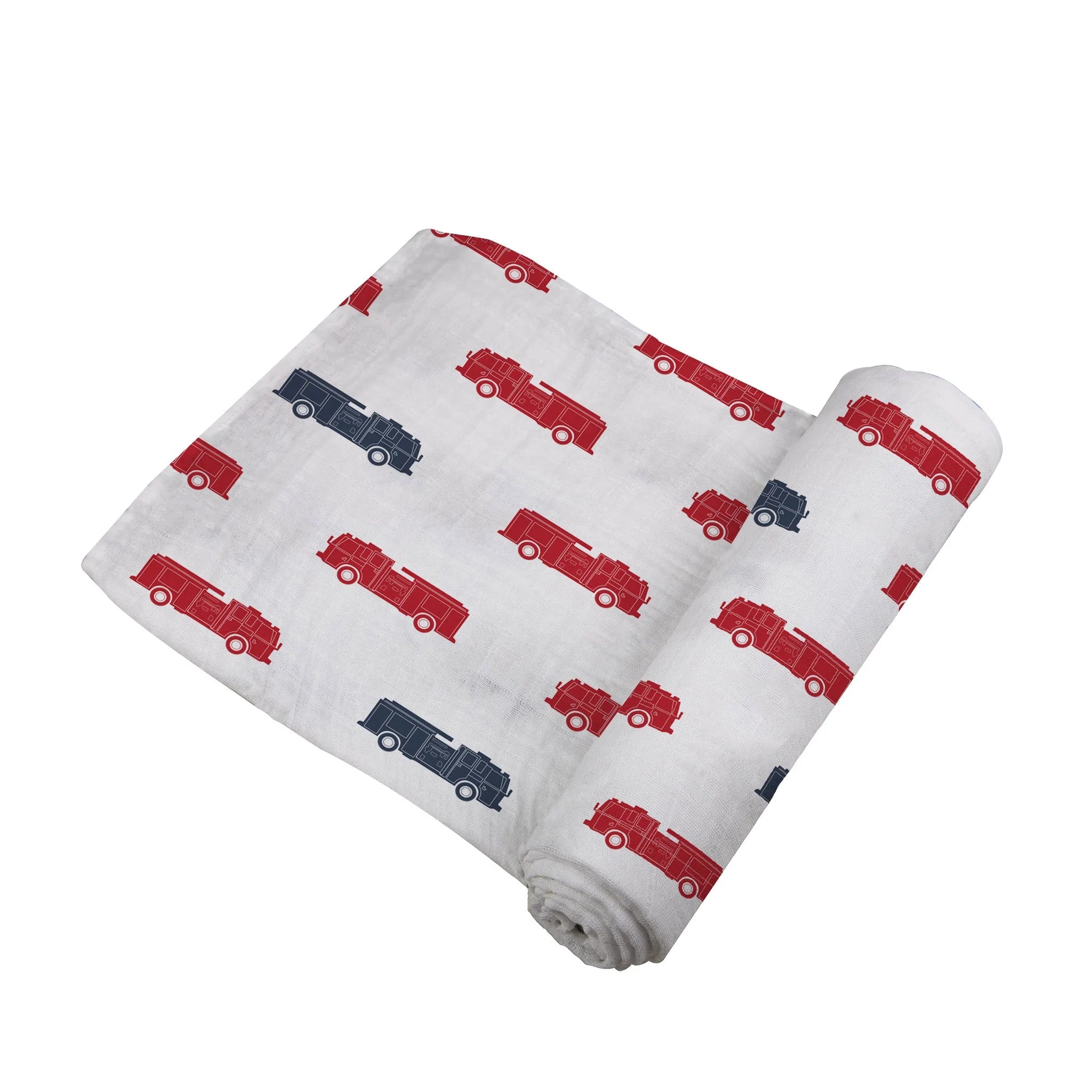 A soft and breathable Blue and Red Fire Trucks Swaddle made from 100% natural cotton muslin, featuring a vibrant fire truck design.