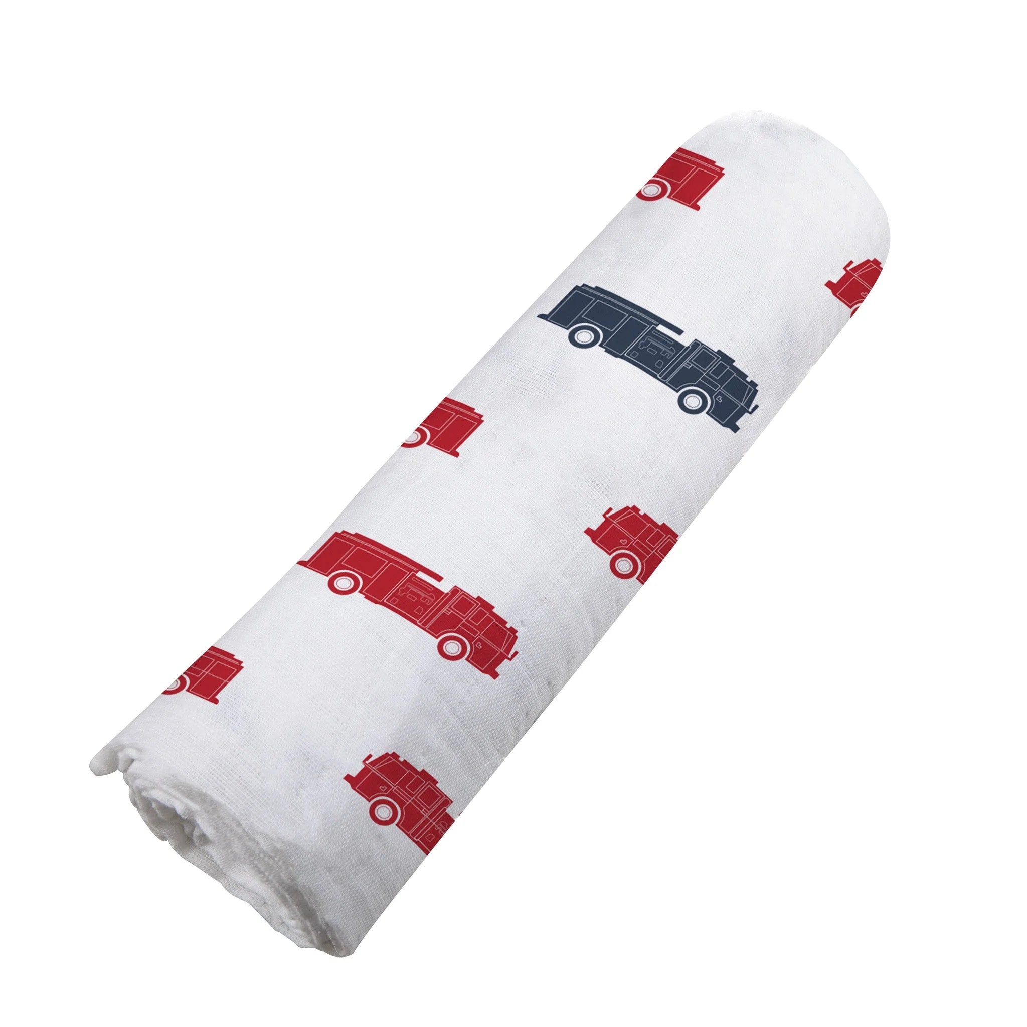 A soft and breathable Blue and Red Fire Trucks Swaddle made from 100% natural cotton muslin, featuring a vibrant fire truck design.