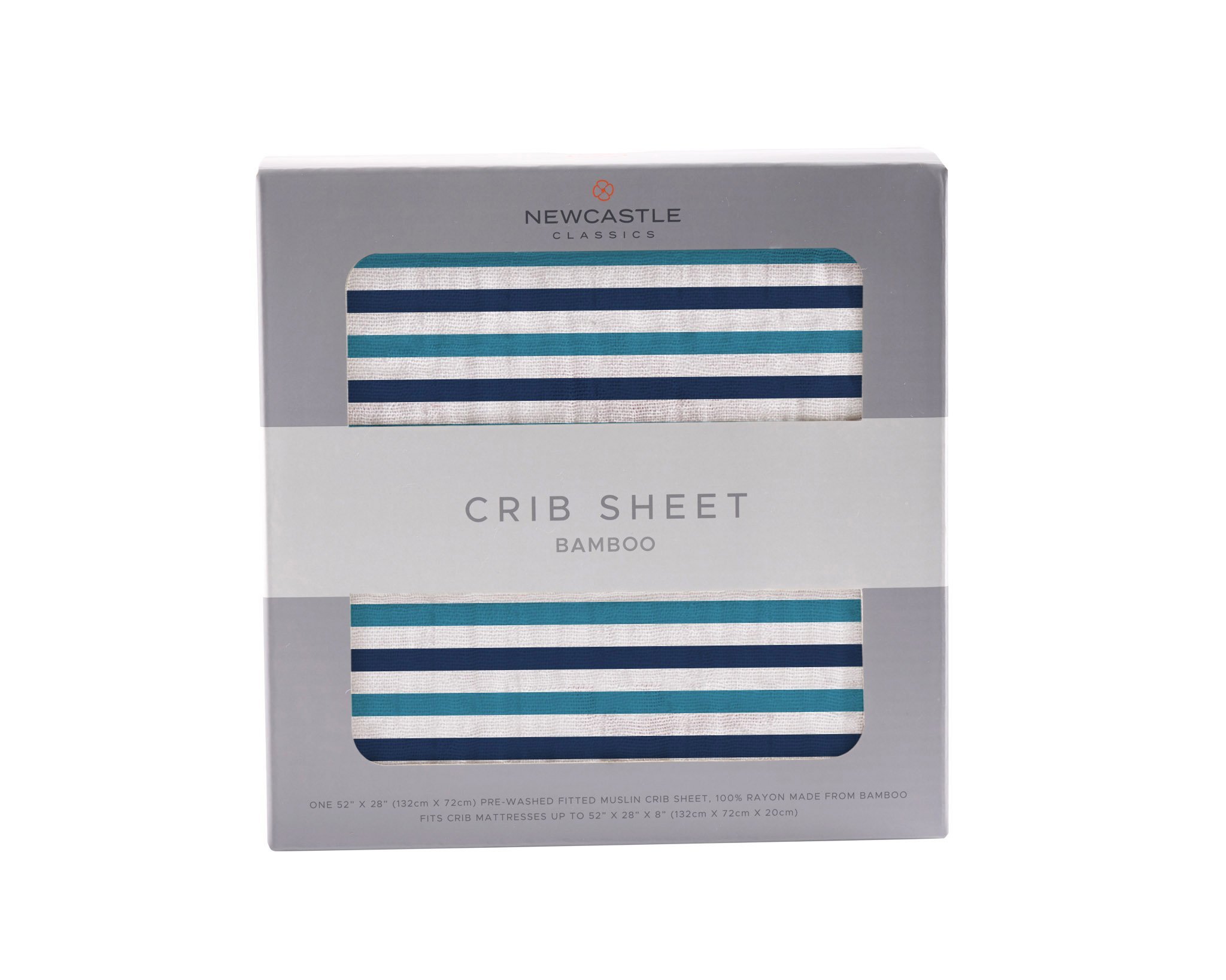 Blue and white striped bamboo crib sheet designed for standard crib mattresses, showcasing its soft and breathable fabric.