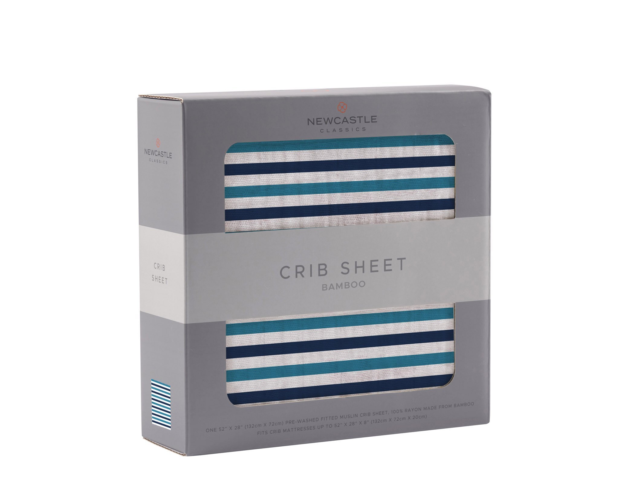 Blue and white striped bamboo crib sheet designed for standard crib mattresses, showcasing its soft and breathable fabric.