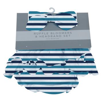 Blue and white striped bamboo bloomer set with ruffles and matching headband for infants.