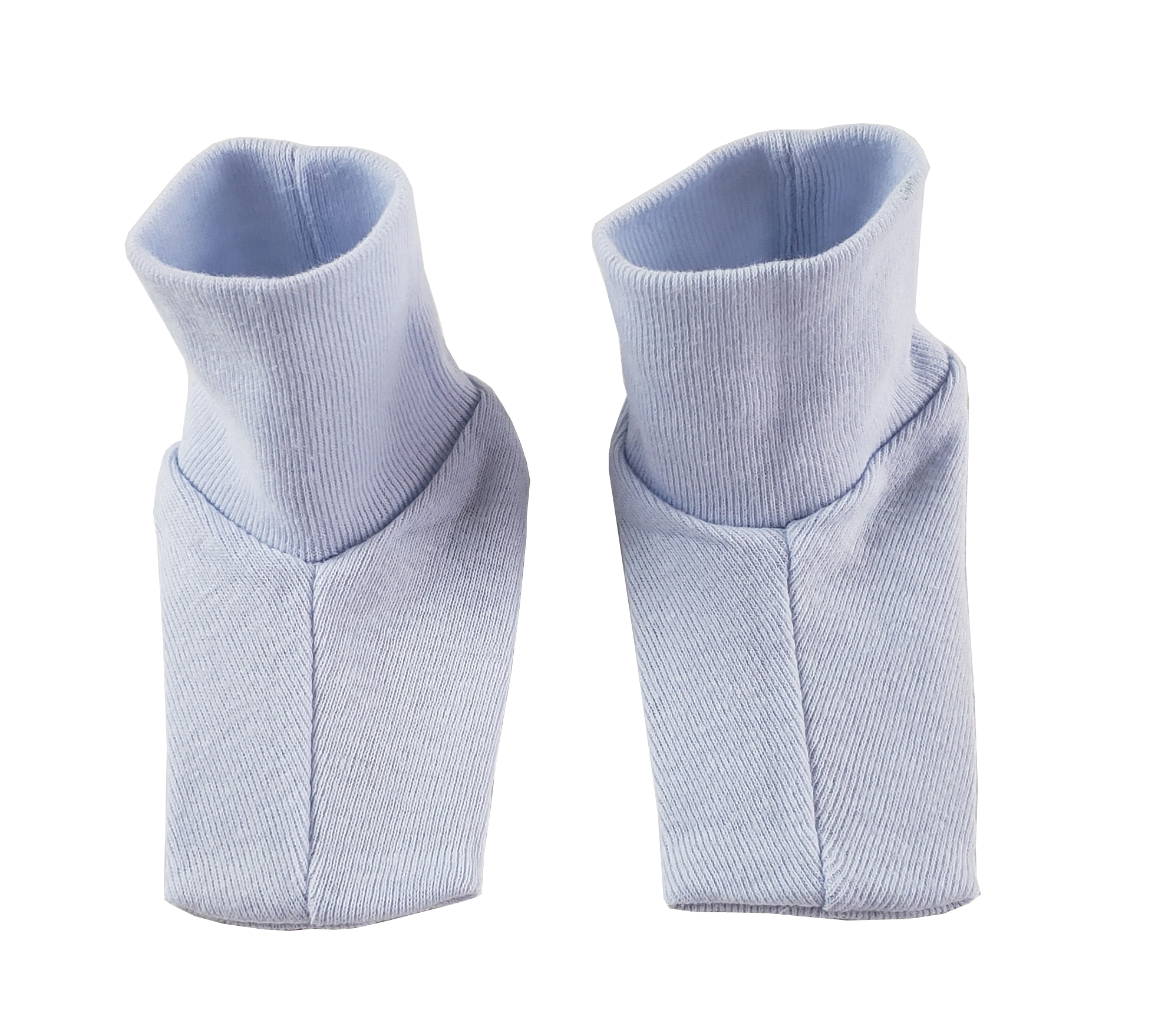 A pair of blue infant booties made from soft 100% cotton, perfect for newborns, displayed on a white background.