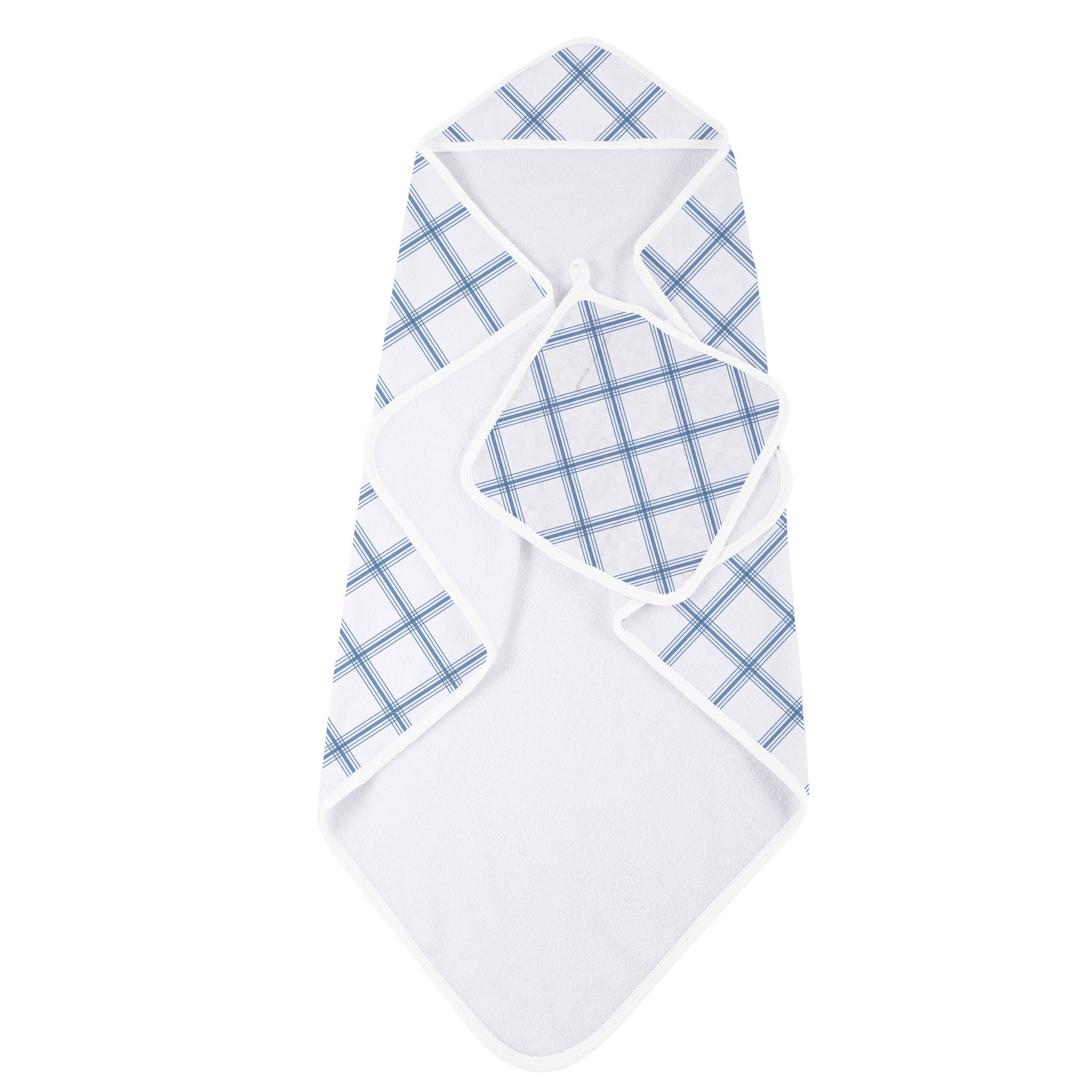 Blue Buffalo Check Plaid Hooded Towel and Washcloth Set featuring a soft cotton towel with a hood and matching washcloth in a stylish blue check pattern.