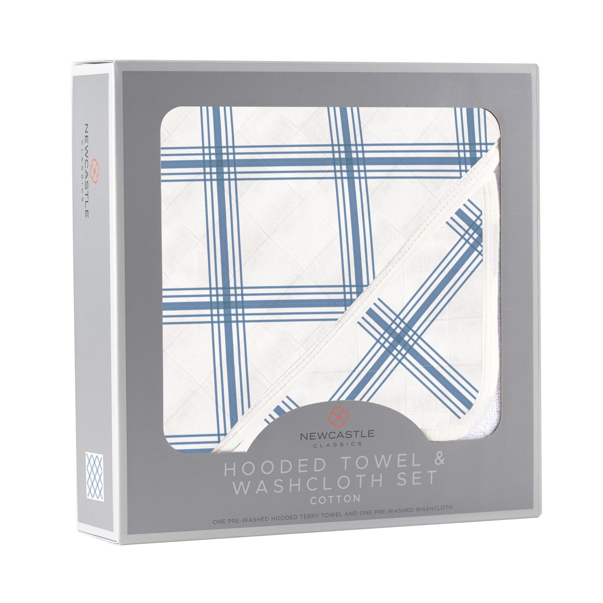 Blue Buffalo Check Plaid Hooded Towel and Washcloth Set featuring a soft cotton towel with a hood and matching washcloth in a stylish blue check pattern.