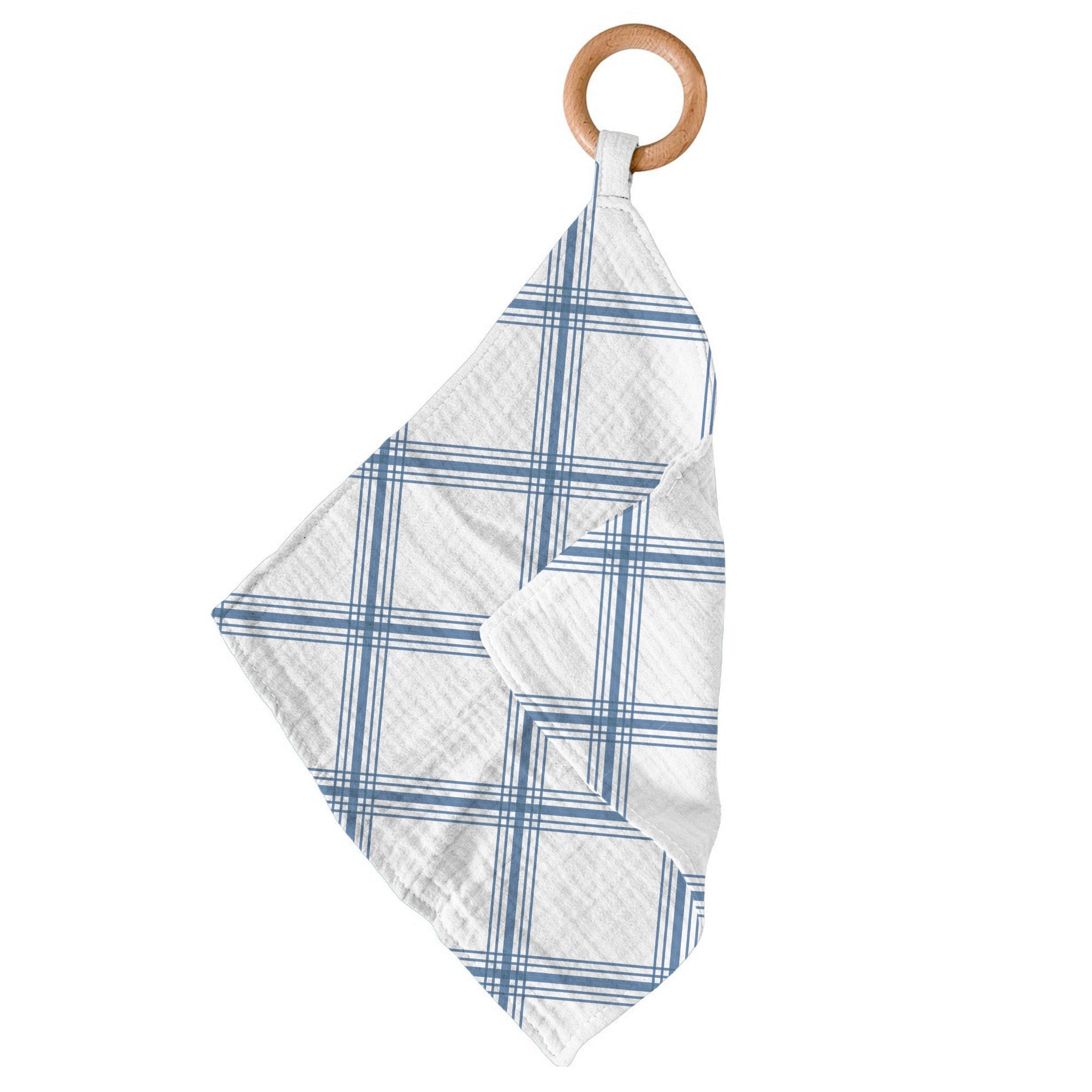 Blue Buffalo Check Plaid Newcastle Teether featuring a cotton mini blankie and removable beach wood ring.