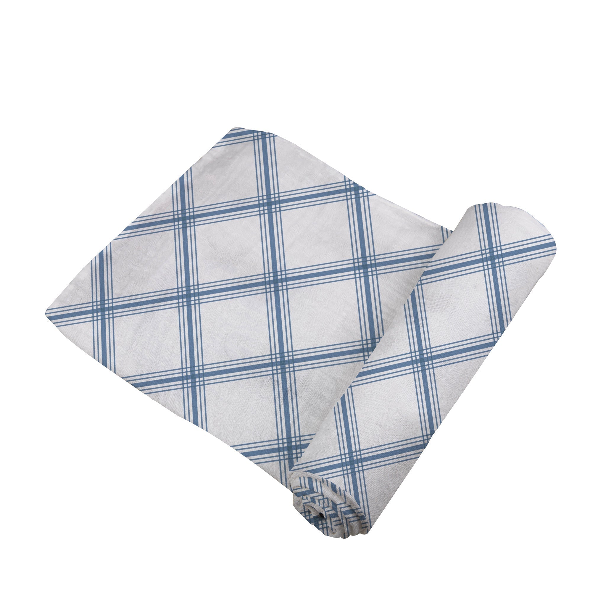 Blue Buffalo Check Plaid Swaddle made from 100% natural cotton muslin, featuring a stylish blue checkered pattern.