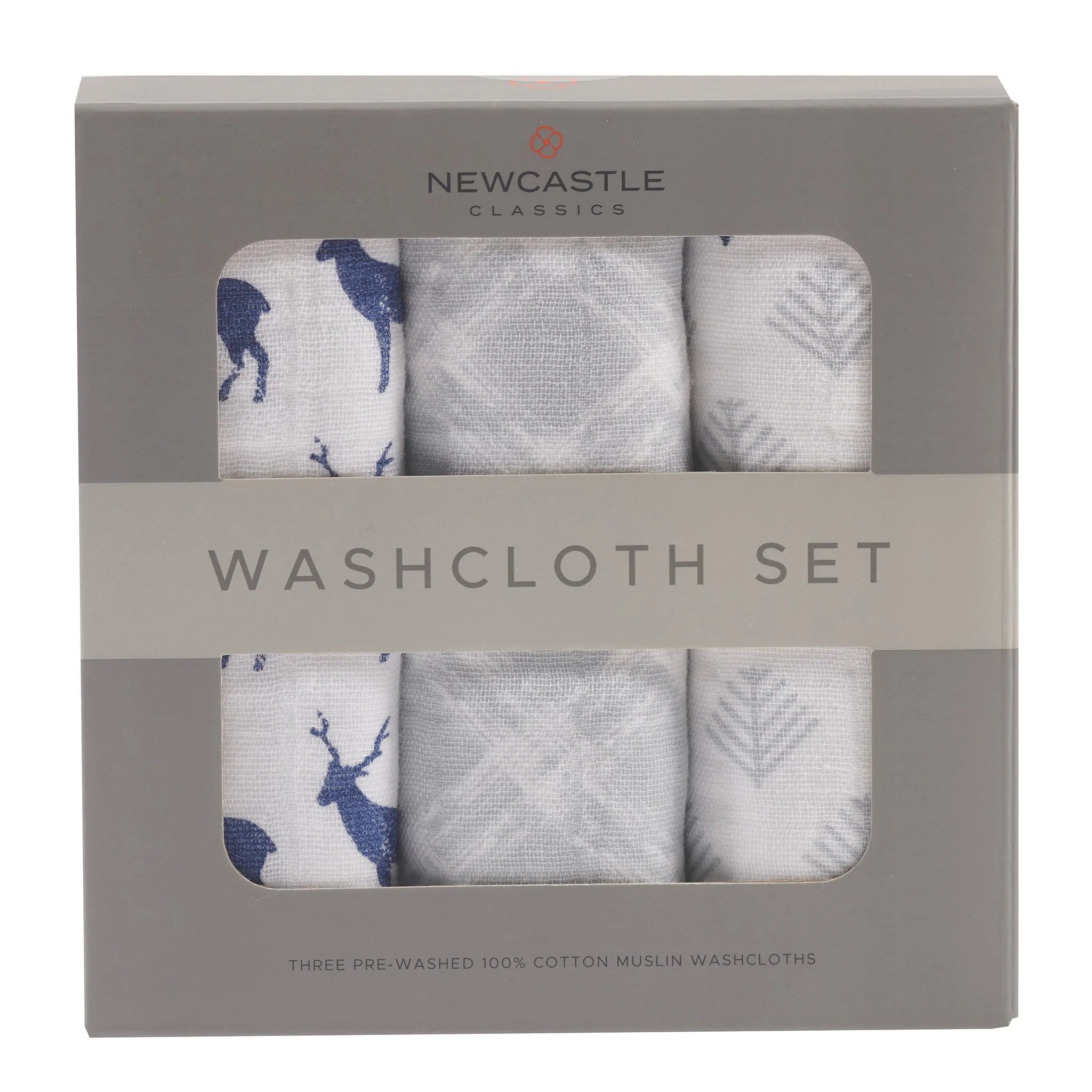 Blue Deer Cotton Washcloth Set 3PK featuring colorful prints and attached loops for drying.