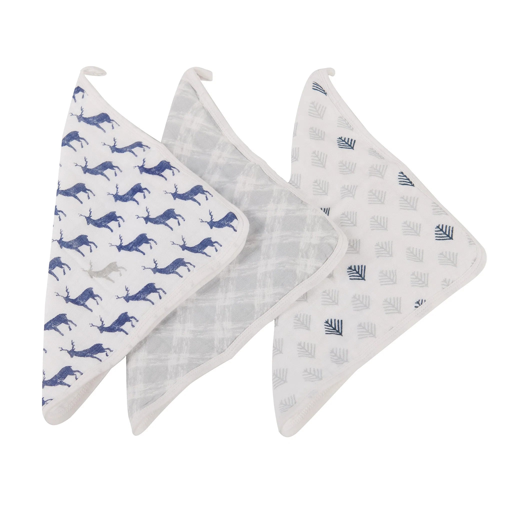 Blue Deer Cotton Washcloth Set 3PK featuring colorful prints and attached loops for drying.