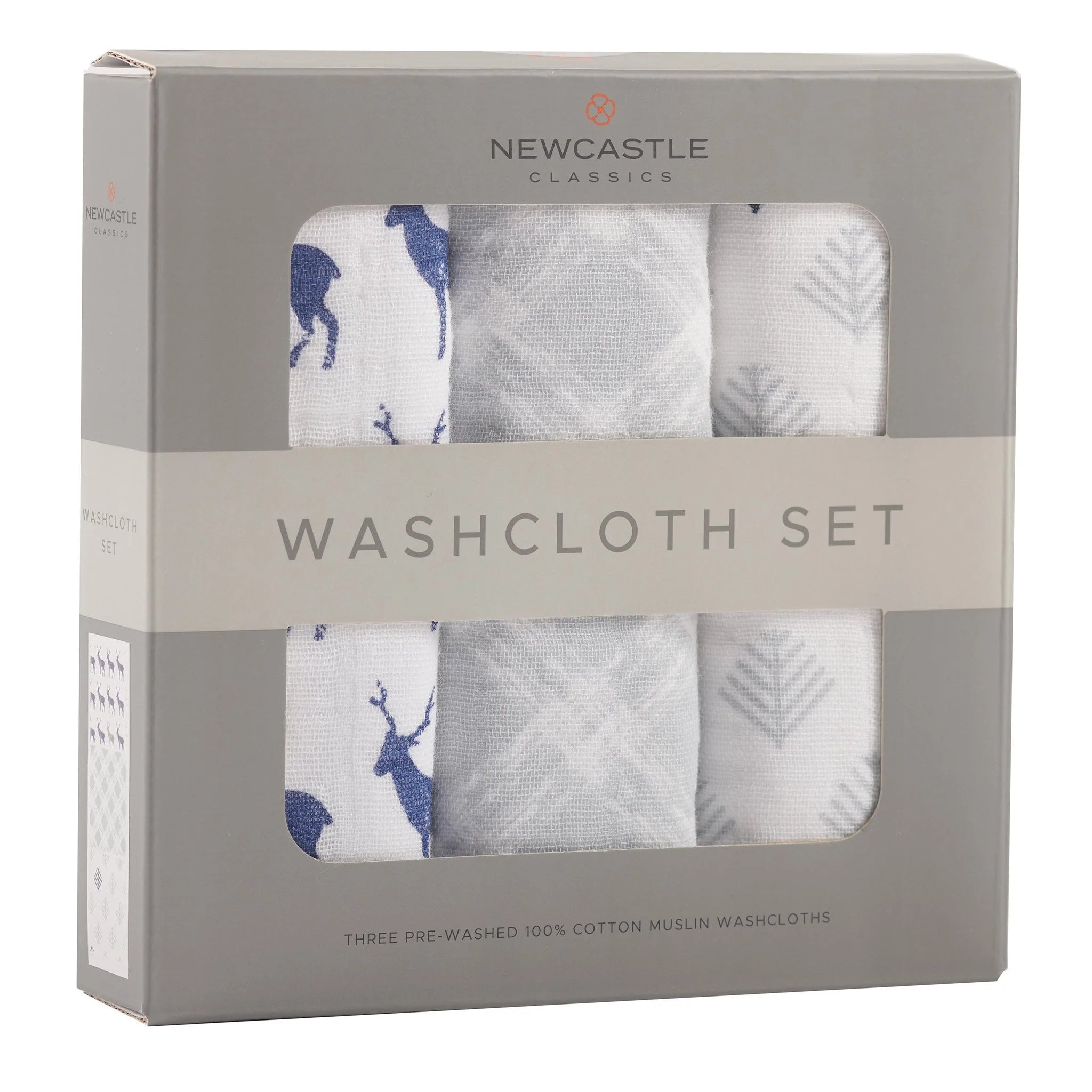 Blue Deer Cotton Washcloth Set 3PK featuring colorful prints and attached loops for drying.