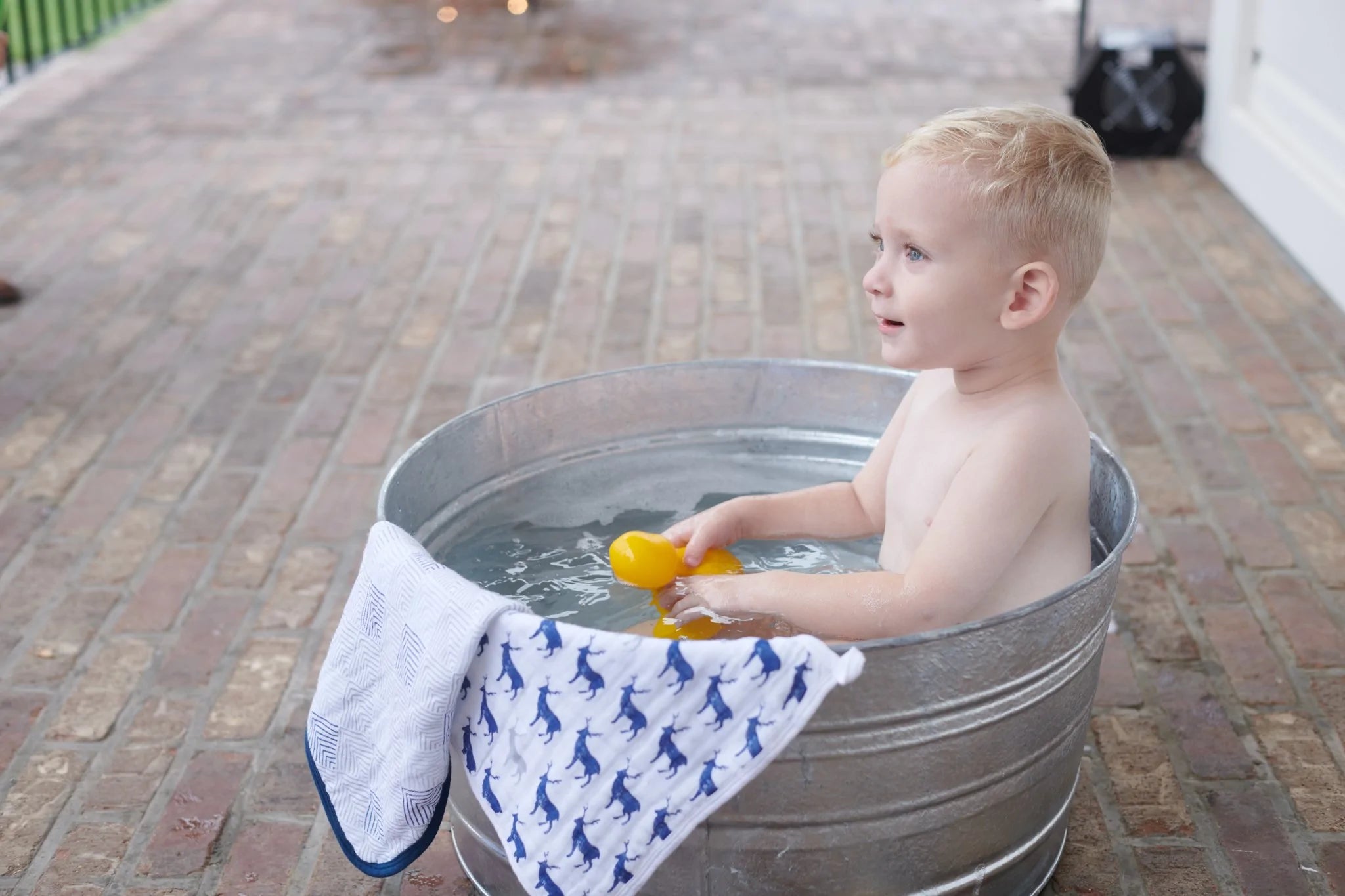 Blue Deer Cotton Washcloth Set 3PK featuring colorful prints and attached loops for drying.