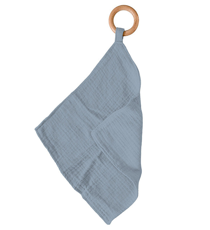 Blue Fog Cotton Newcastle Teether featuring a soft cotton blankie and a removable beach wood ring for teething relief.